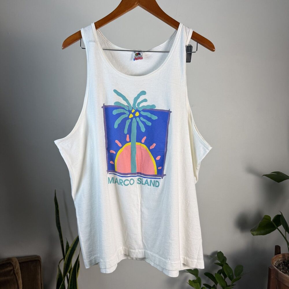 Vintage Marco Island Tank Top Fruit of the Loom, USA Palm Tree Sunset Graphic XL